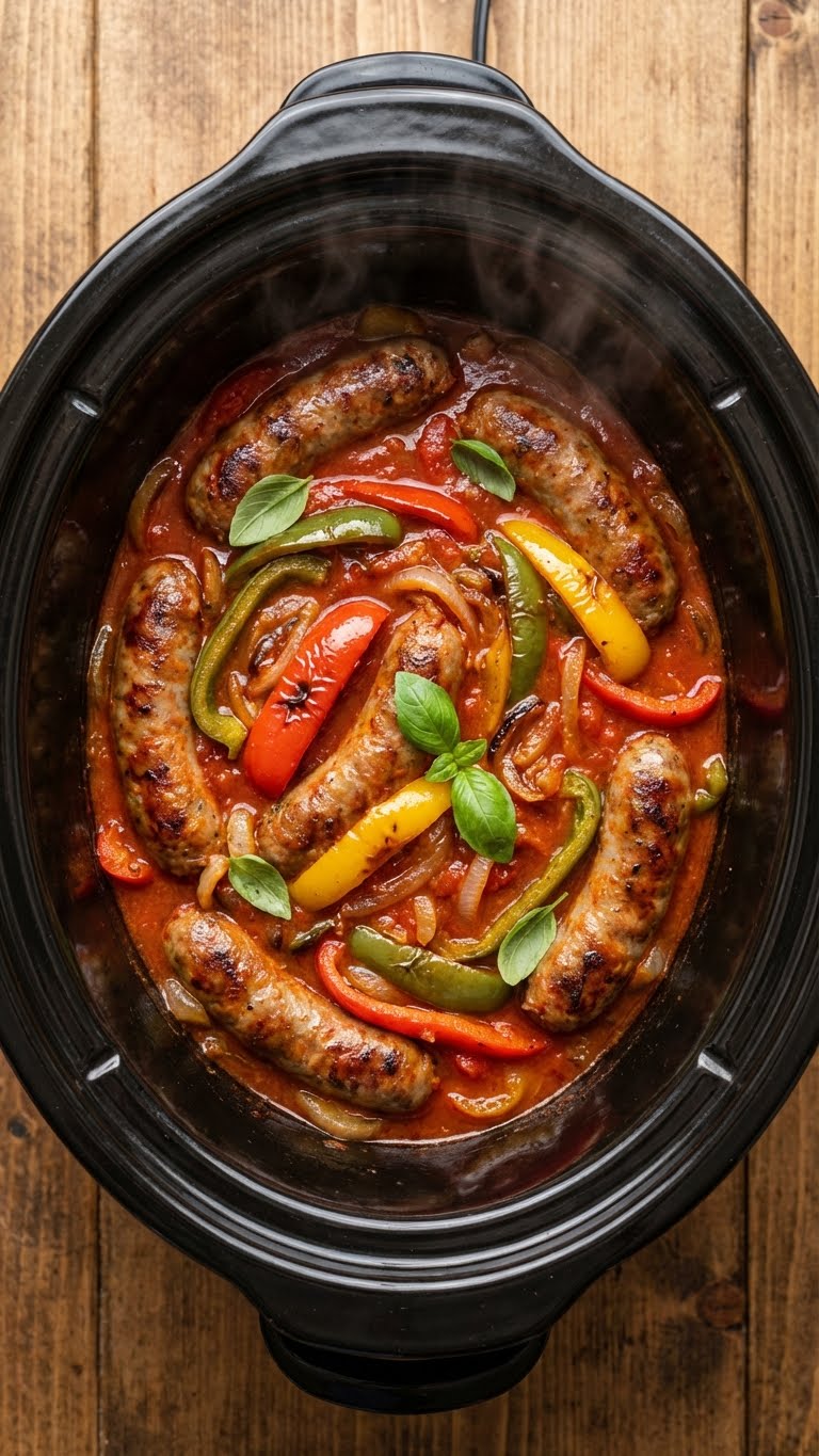 A top-down view inside a slow cooker filled with Italian sausage links, red, green, and yellow bell peppers, and onions in a rich tomato sauce.