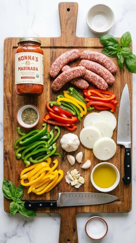 A flat lay showing raw Italian sausage links, sliced colorful bell peppers, onions, marinara sauce, and spices on a wooden board.