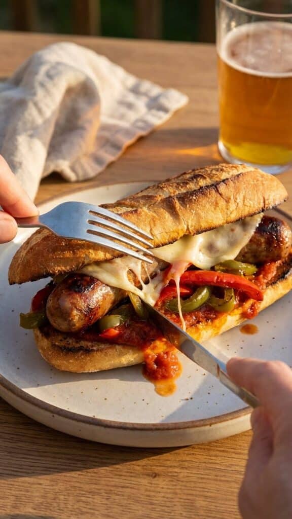 A close-up of a loaded Italian sausage and pepper sandwich on a toasted hoagie roll with melted cheese.