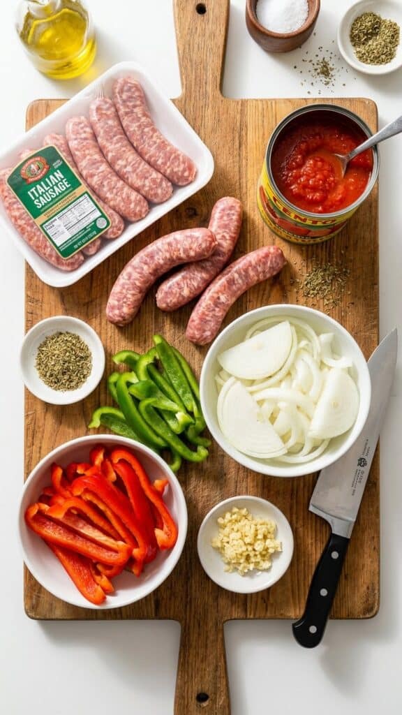 A flat lay showing raw Italian sausages, sliced peppers, onions, canned tomatoes, and spices on a cutting board.