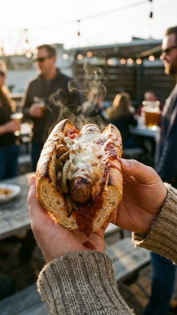 A close-up of hands holding a toasted hoagie roll filled with sausage, peppers, and melted provolone cheese.