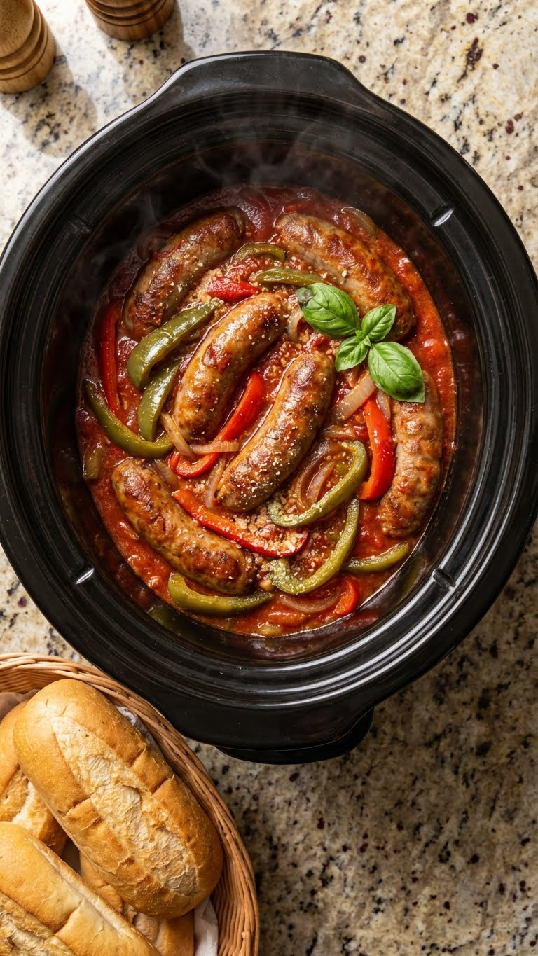 A top-down view inside a slow cooker filled with Italian sausages simmered in tomato sauce with red and green peppers and onions.