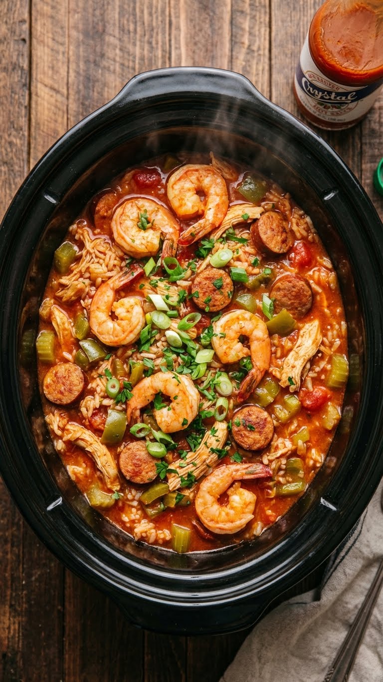 A top-down view inside a slow cooker filled with finished jambalaya, showing shrimp, sliced sausage, chicken, rice, and vegetables in a rich red sauce, garnished with green onions.