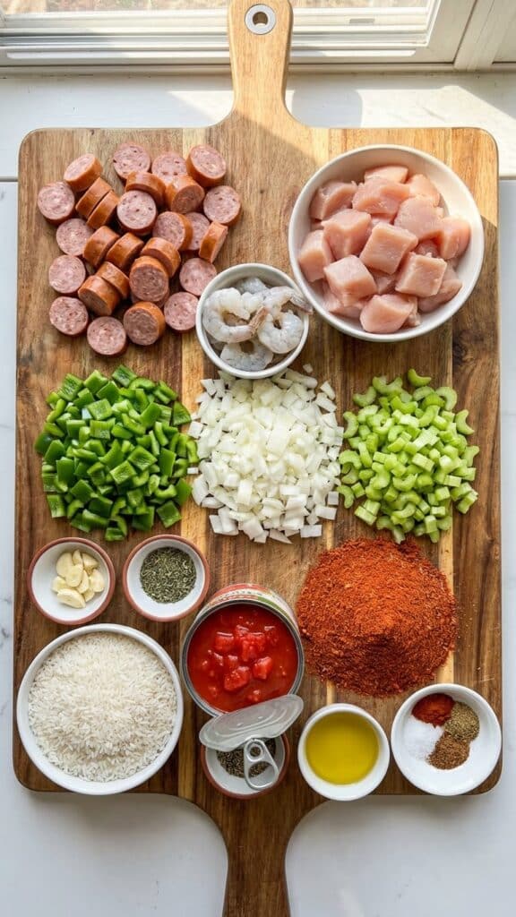 A flat lay showing sausage, chicken, shrimp, peppers, onions, celery, rice, and cajun spices on a cutting board.