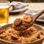 A close-up of a spoon lifting a bite of jambalaya containing sausage, shrimp, and rice.