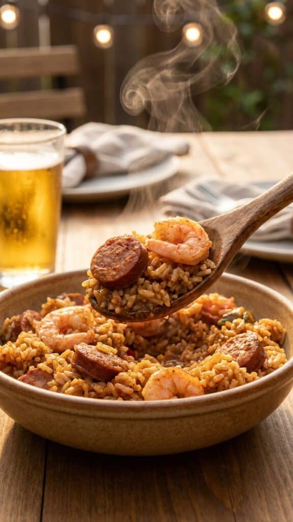 A close-up of a spoon lifting a bite of jambalaya containing sausage, shrimp, and rice.