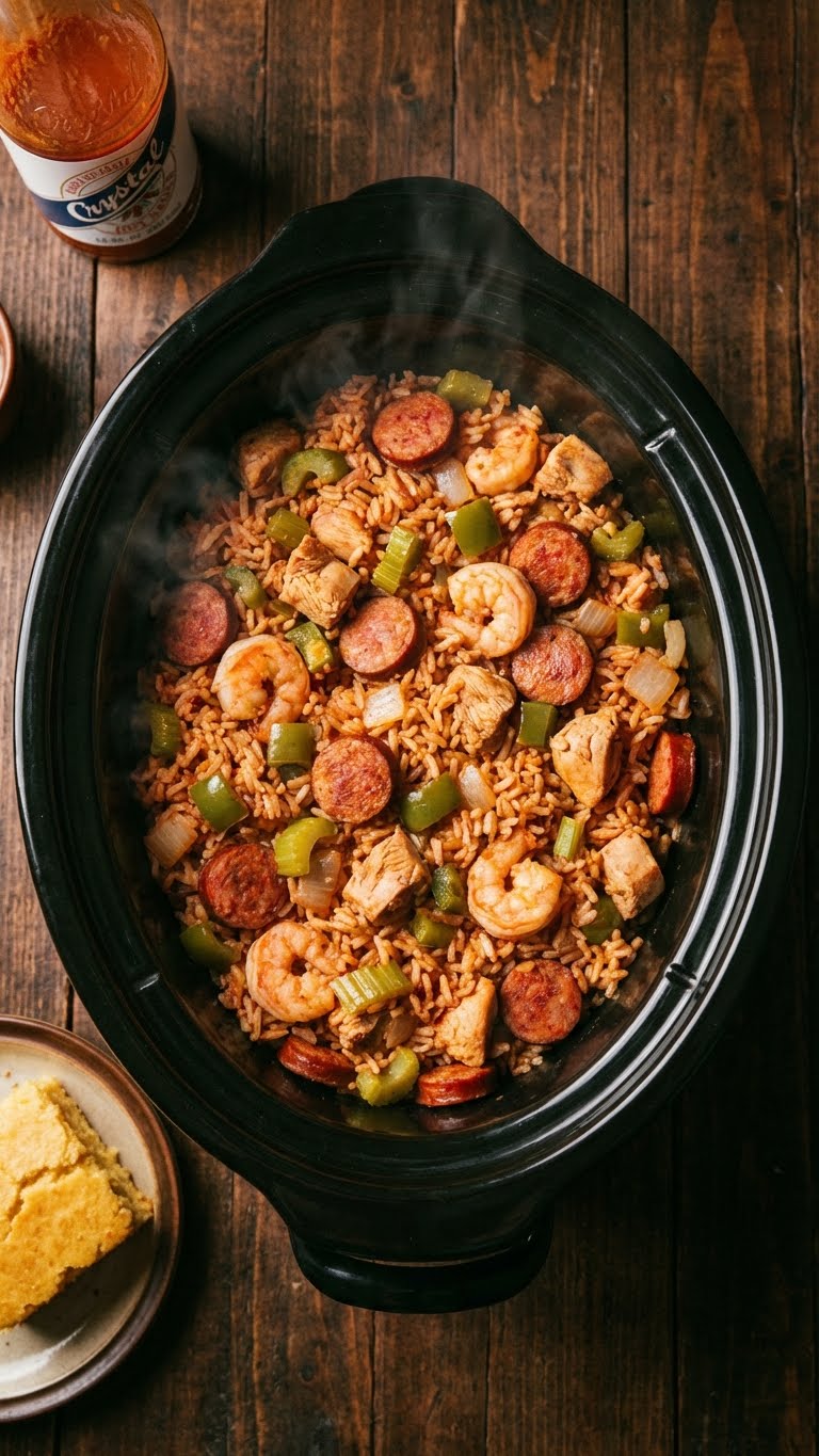 A top-down view inside a slow cooker filled with jambalaya featuring rice, sausage, chicken, shrimp, and vegetables.