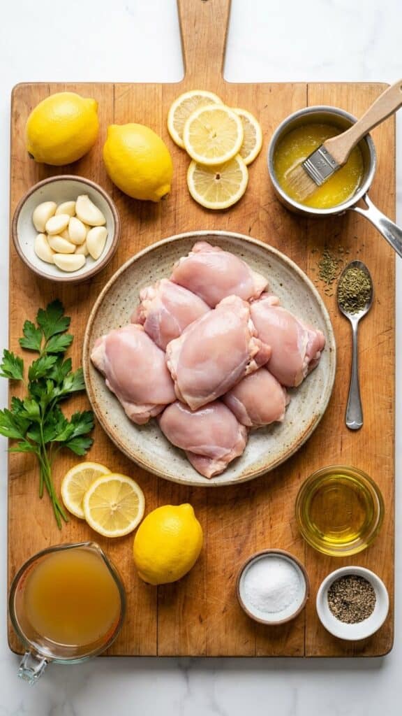 A flat lay showing raw chicken, fresh lemons, garlic cloves, butter, parsley, and spices on a wooden board.