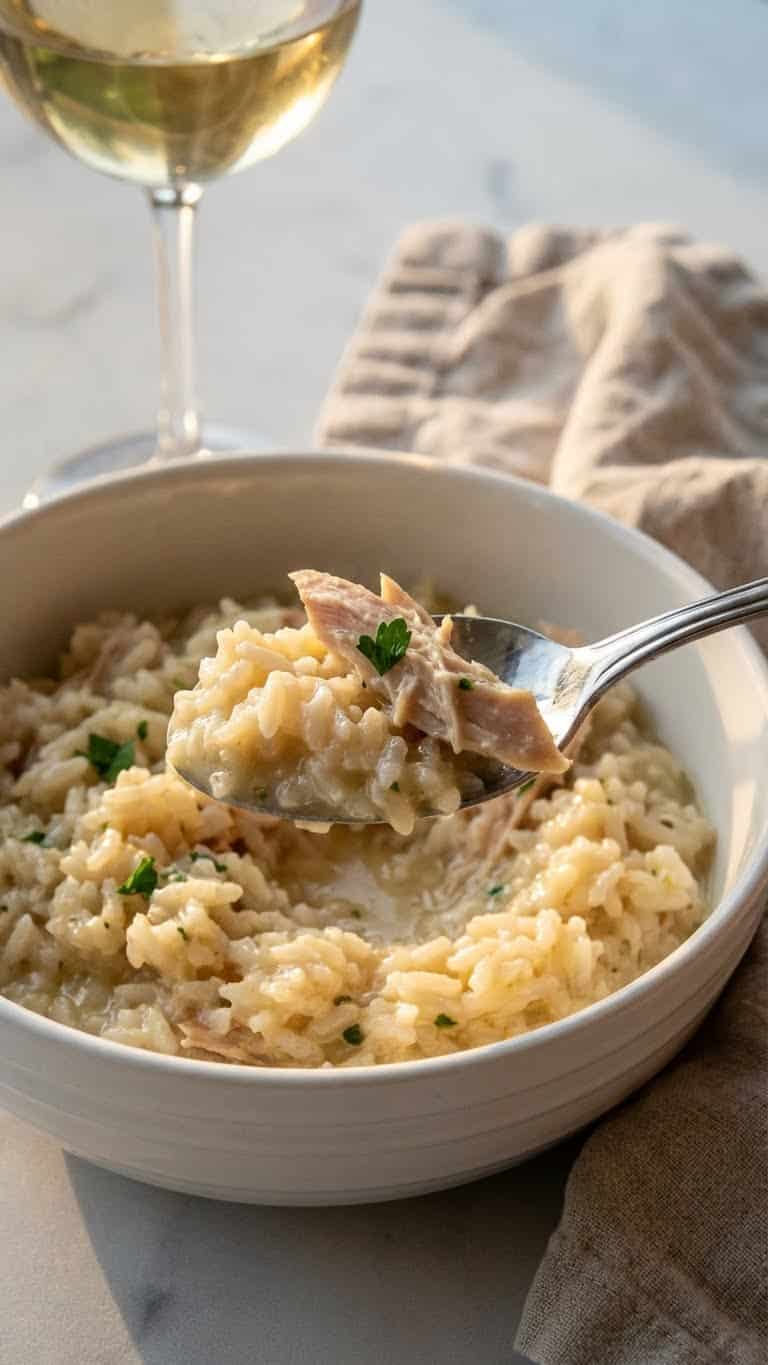 A top-down view inside a slow cooker filled with creamy chicken and rice, garnished with lemon slices and parsley.