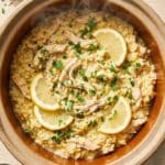 A close-up of a spoon lifting a bite of creamy lemon chicken and rice from a bowl.