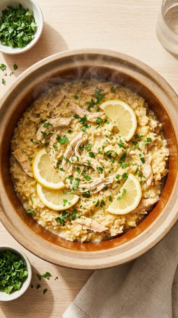 A close-up of a spoon lifting a bite of creamy lemon chicken and rice from a bowl.