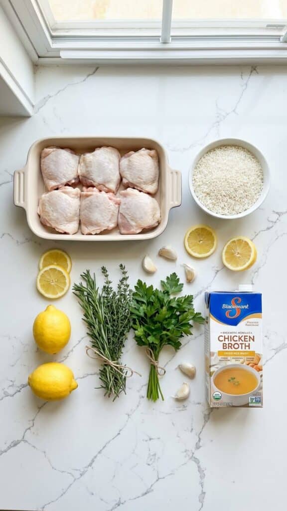 A flat lay showing raw chicken thighs, uncooked rice, fresh lemons, herbs, garlic, and chicken broth on a countertop.