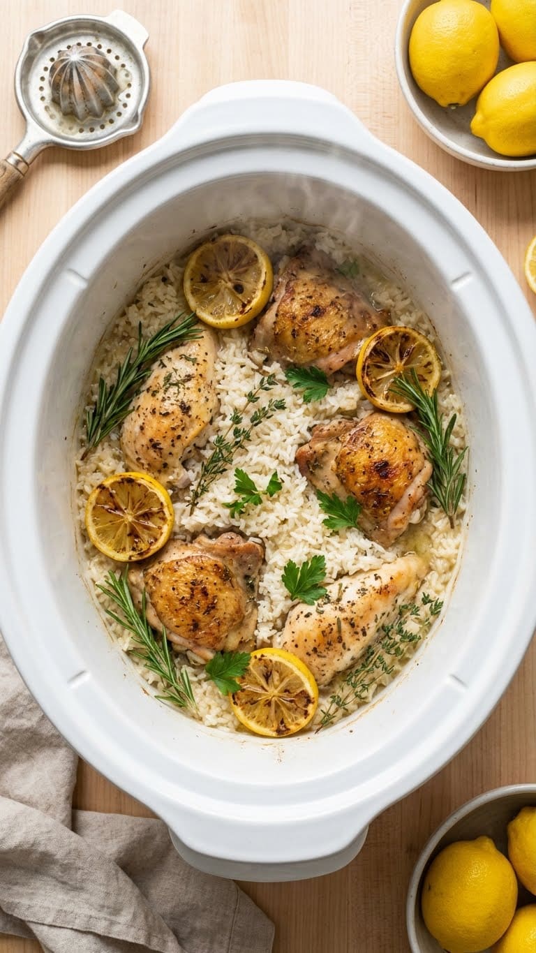 A top-down view inside a slow cooker filled with creamy chicken and rice, garnished with fresh lemon slices and herbs.