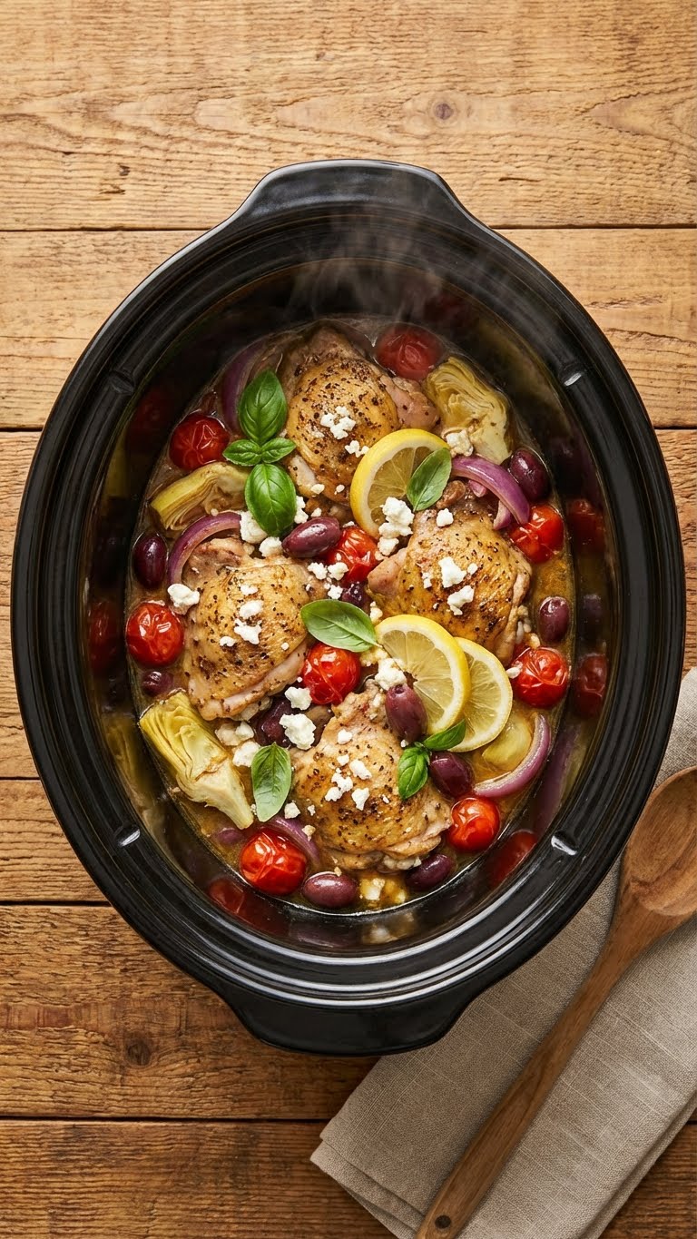A top-down view inside a slow cooker filled with cooked chicken, tomatoes, olives, artichokes, and lemon slices, topped with feta and basil.