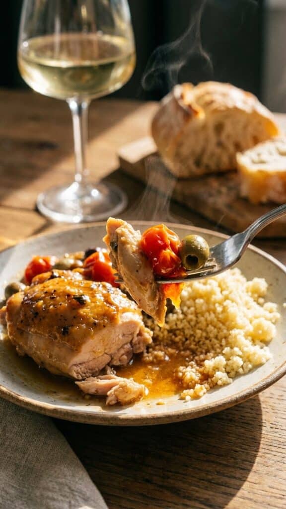 A close-up of a fork lifting a bite of Mediterranean chicken, olive, and tomato over a bed of couscous.