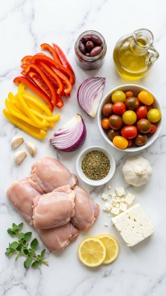 A flat lay showing raw chicken, bell peppers, tomatoes, olives, red onion, feta cheese, and olive oil on a marble surface.