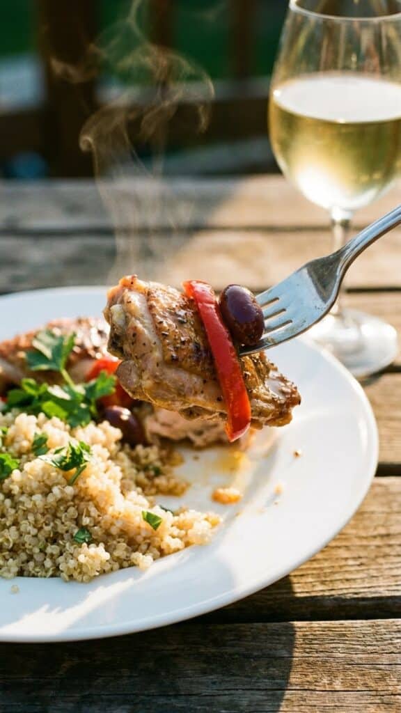 A close-up of a fork lifting a piece of chicken with an olive and pepper, served over quinoa.