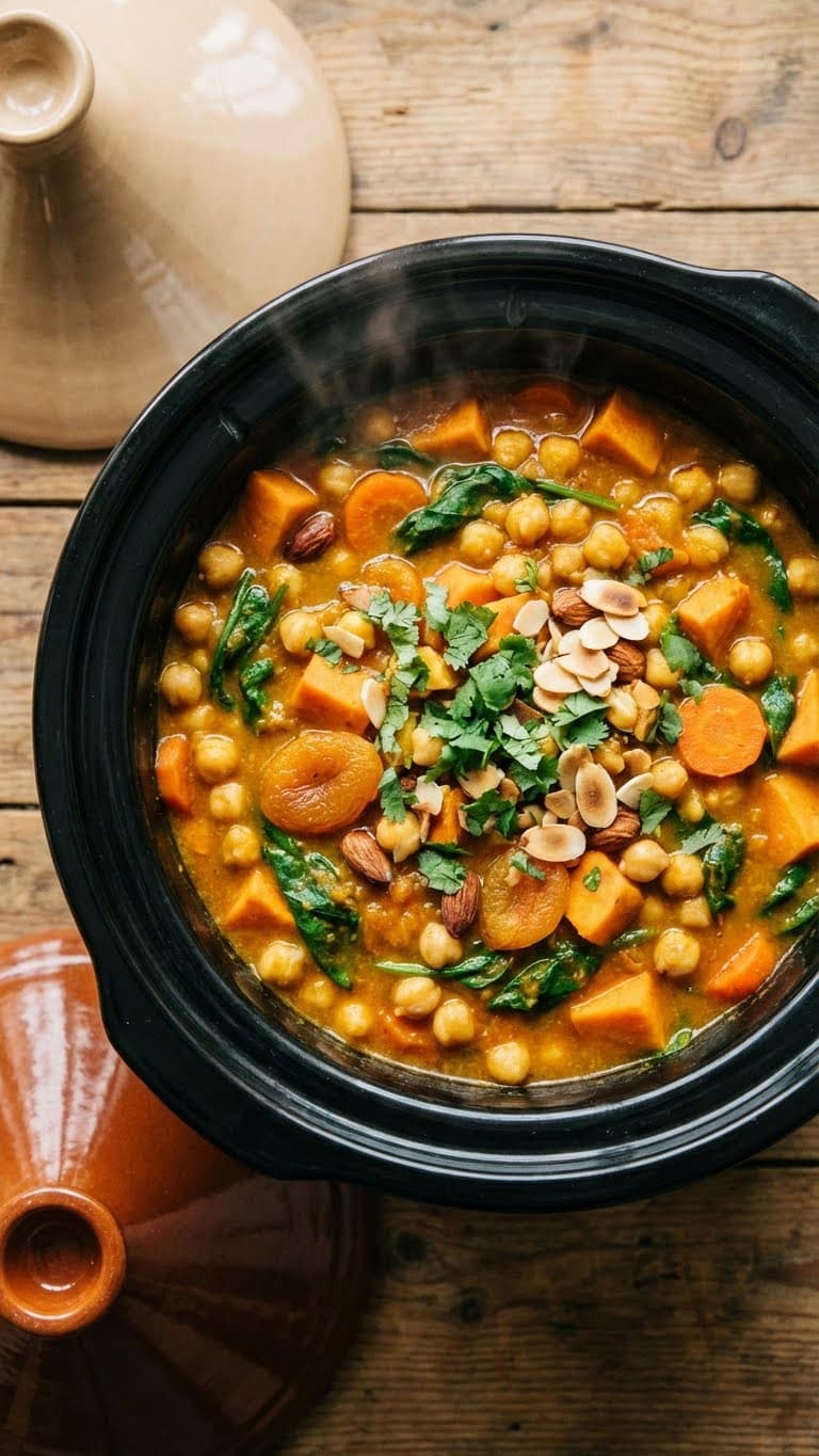 A top-down view inside a slow cooker filled with a rich, golden-red Moroccan chickpea and sweet potato stew, garnished with cilantro and almonds.