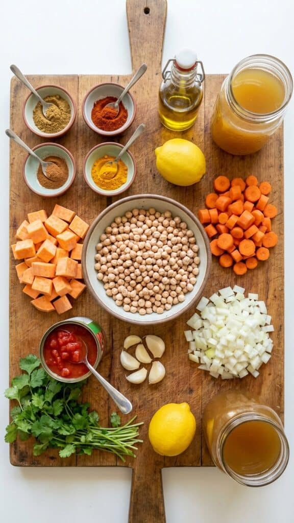 A flat lay showing chickpeas, sweet potatoes, carrots, canned tomatoes, and various spices on a wooden cutting board.
