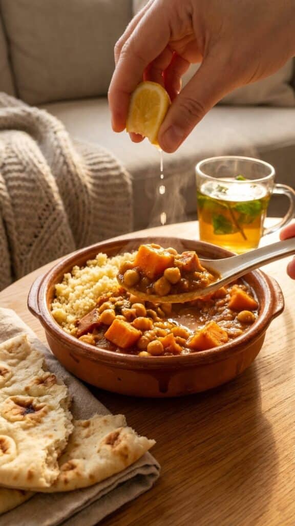 A close-up of a spoon lifting sweet potato and chickpea stew from a bowl served over couscous with naan bread on the side.