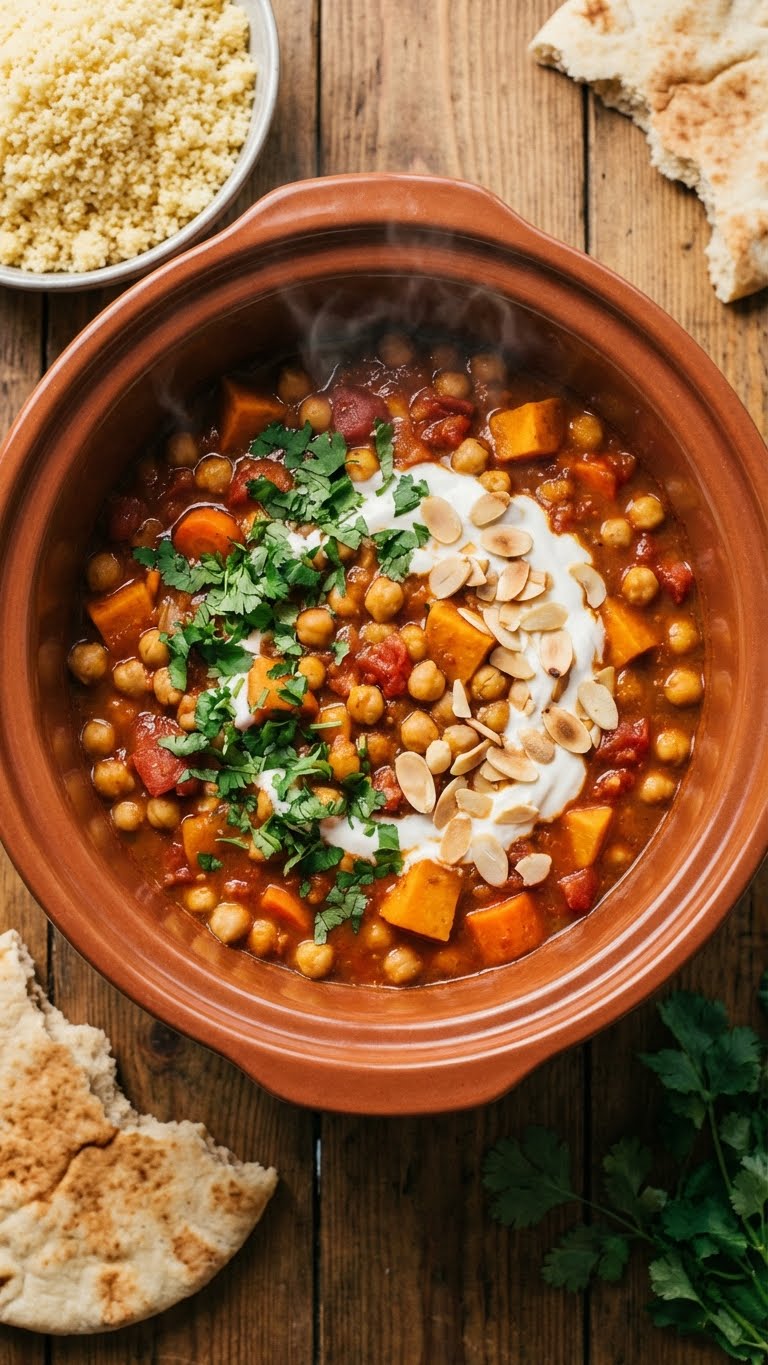 A top-down view inside a slow cooker filled with a hearty Moroccan chickpea and sweet potato stew, garnished with cilantro, yogurt, and almonds.