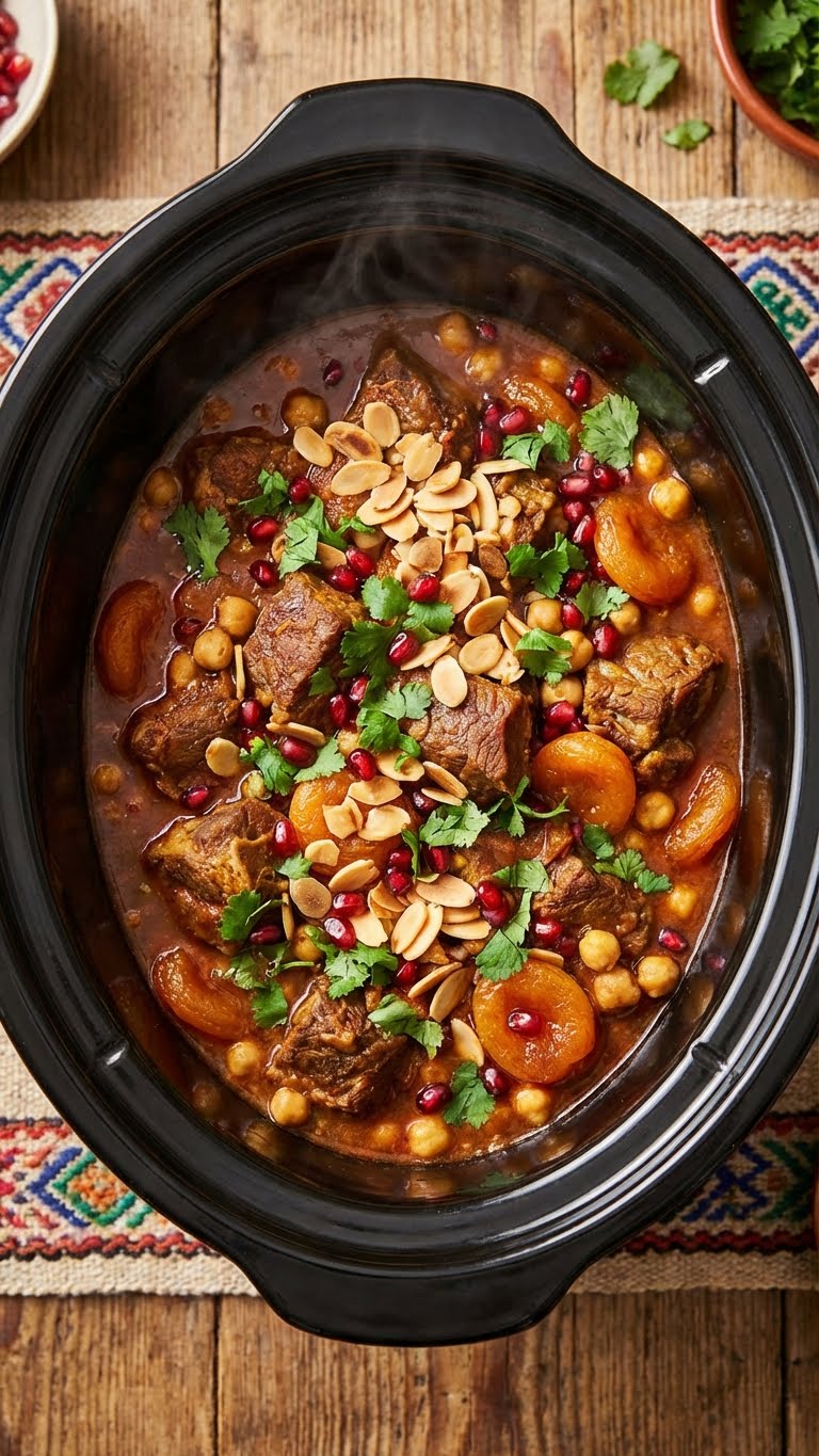 A top-down view inside a slow cooker filled with rich Moroccan lamb stew with apricots and chickpeas, garnished with almonds, cilantro, and pomegranate seeds.