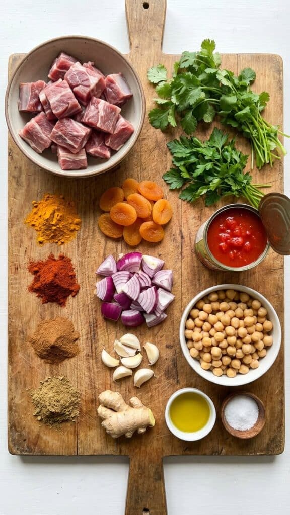 A flat lay showing raw lamb, colorful spices like turmeric and cinnamon, apricots, onions, and tomatoes on a wooden board.