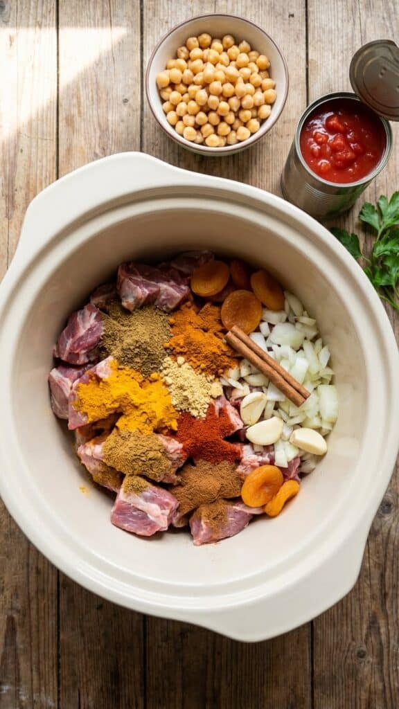 A flat lay showing raw lamb chunks in a slow cooker being covered with a colorful array of Moroccan spices, dried apricots, and onions.