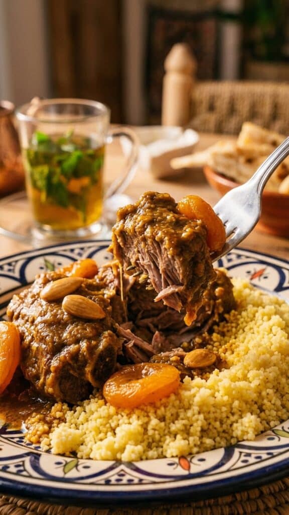 A close-up of a fork lifting a tender piece of lamb tagine with sauce and apricots from a bed of couscous.