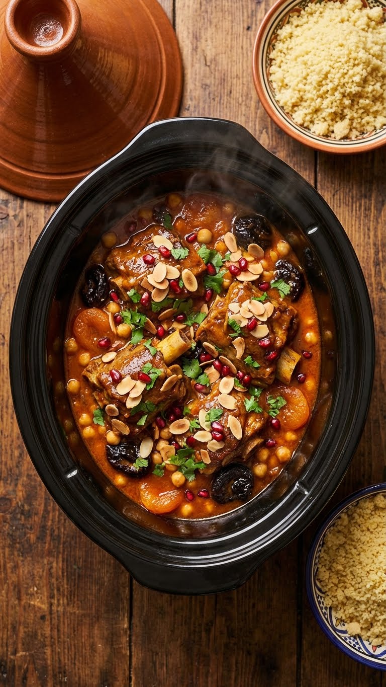 A top-down view inside a slow cooker filled with tender lamb tagine, chickpeas, and dried fruit, garnished with almonds, cilantro, and pomegranate seeds.