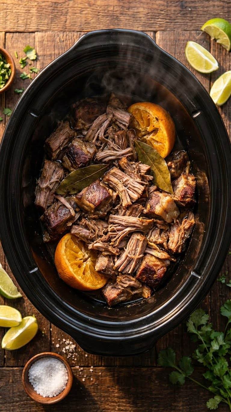 A top-down view inside a slow cooker filled with juicy shredded pork carnitas, orange halves, and bay leaves.