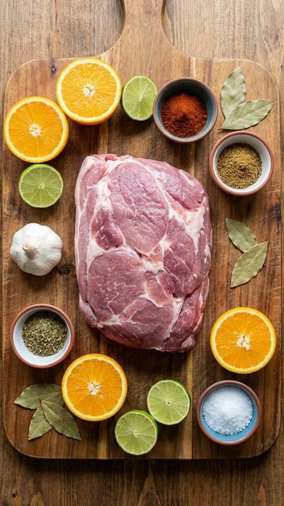 A flat lay showing raw pork shoulder, cut oranges and limes, garlic, and spices on a wooden board.