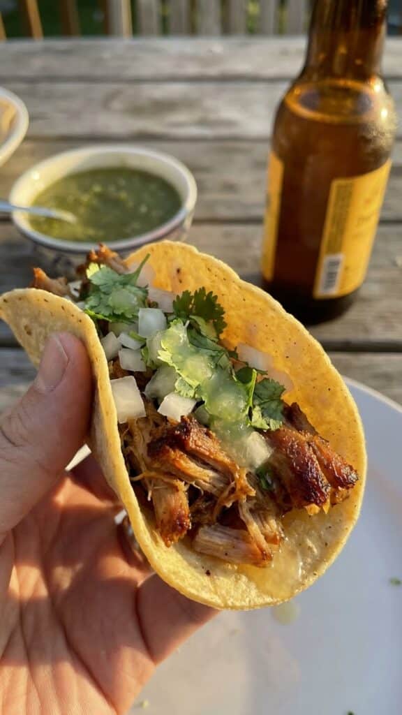 A close-up of a hand holding a corn tortilla taco filled with crispy pork carnitas, onion, and cilantro.