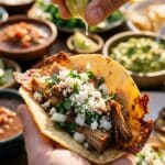 A close-up of a hand holding a carnitas taco with onion, cilantro, cotija cheese, and a lime being squeezed over it.