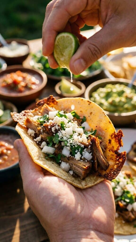 A close-up of a hand holding a carnitas taco with onion, cilantro, cotija cheese, and a lime being squeezed over it.