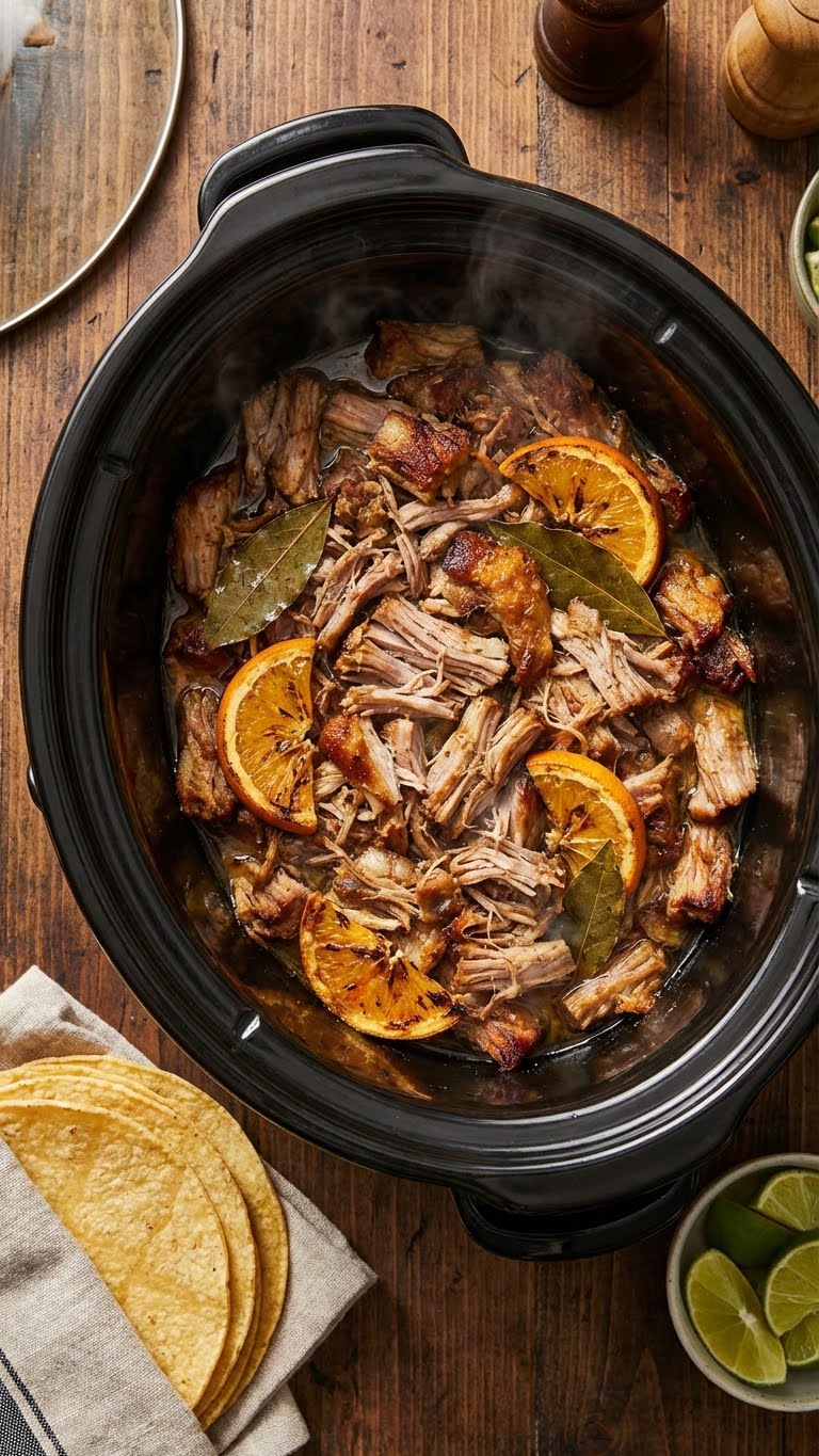 A top-down view inside a slow cooker filled with tender, shredded pork carnitas with crispy browned edges and orange slices.