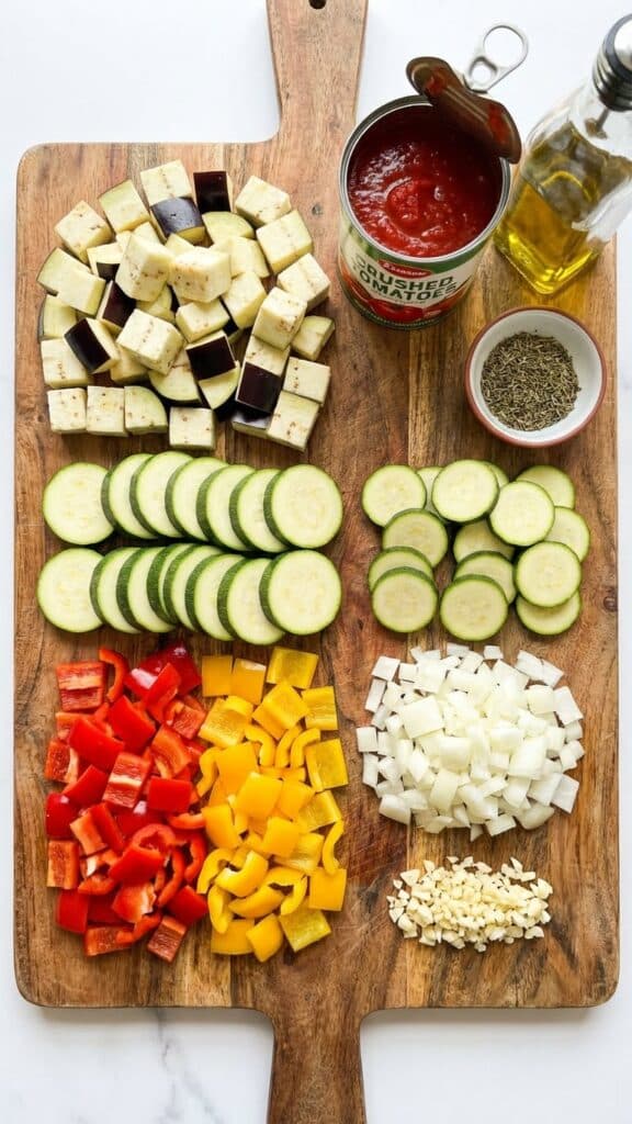 A flat lay showing raw chopped eggplant, zucchini, peppers, onions, canned tomatoes, olive oil, and herbs on a wooden board.