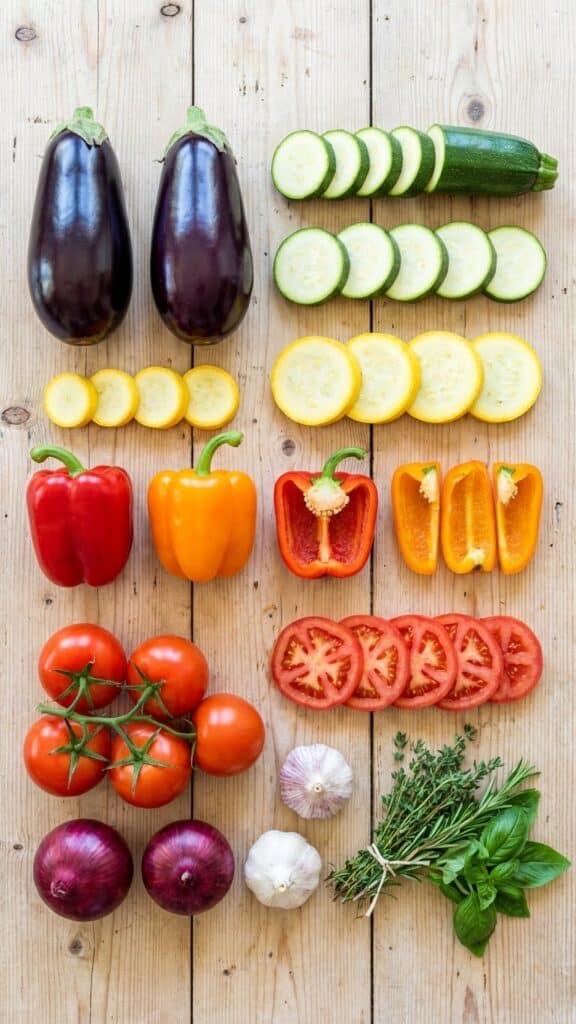 A flat lay showing fresh eggplant, zucchini, squash, peppers, tomatoes, and herbs on a wooden table.
