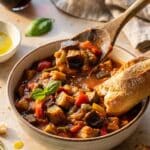 A close-up of a spoon lifting a bite of ratatouille stew from a rustic bowl, with crusty bread on the side.