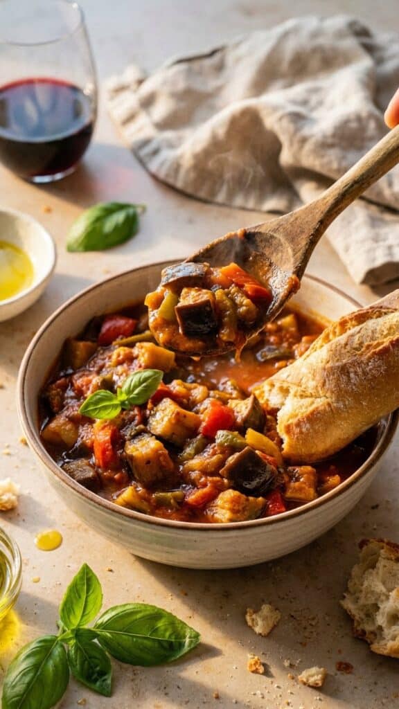 A close-up of a spoon lifting a bite of ratatouille stew from a rustic bowl, with crusty bread on the side.