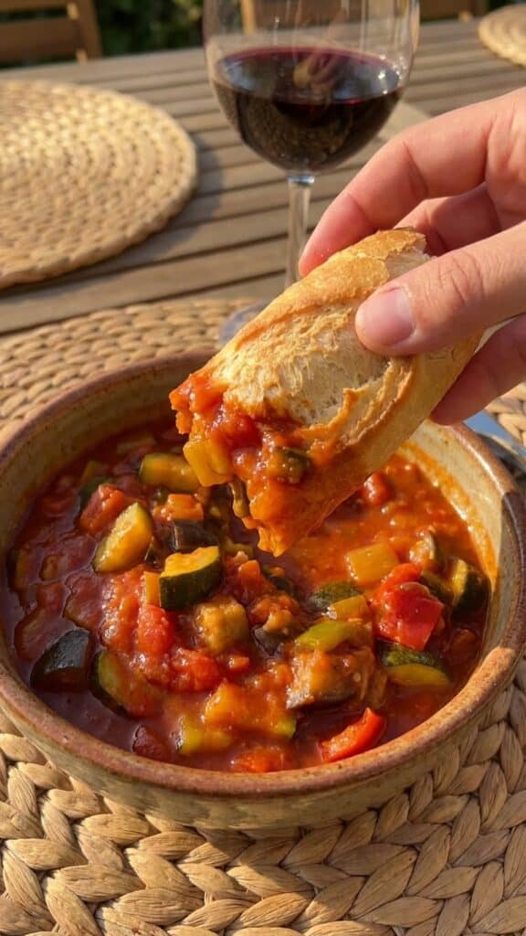 A close-up of a piece of crusty bread being dipped into a bowl of vegetable ratatouille.