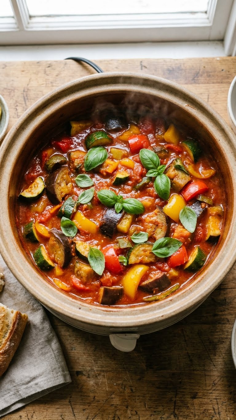 A top-down view inside a slow cooker filled with chunky vegetable ratatouille stew garnished with fresh basil.
