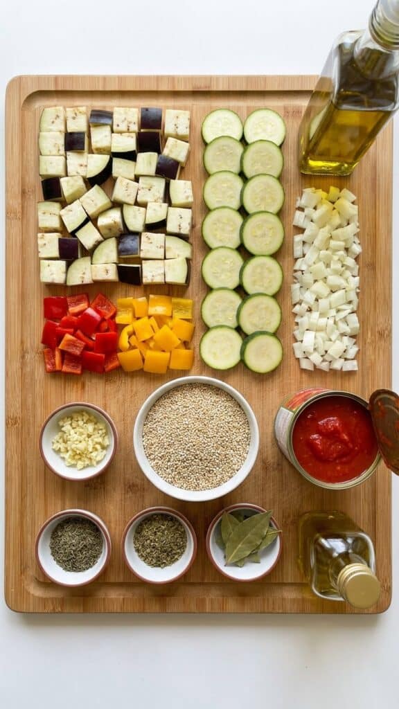 A flat lay showing raw chopped eggplant, zucchini, peppers, onions, quinoa, and canned tomatoes on a wooden board.