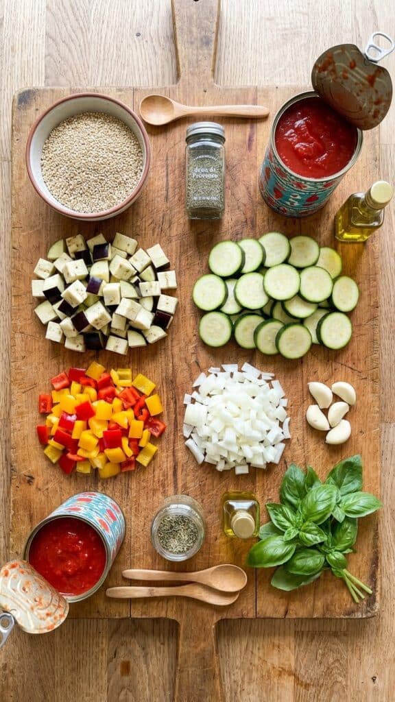 A flat lay showing raw quinoa, chopped eggplant, zucchini, peppers, onions, canned tomatoes, and herbs on a wooden cutting board.