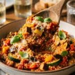A close-up of a wooden spoon lifting a scoop of ratatouille with quinoa from a bowl, garnished with cheese and basil.