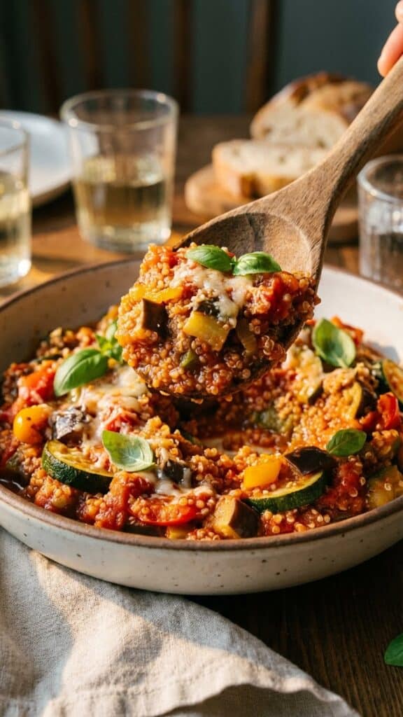 A close-up of a wooden spoon lifting a scoop of ratatouille with quinoa from a bowl, garnished with cheese and basil.