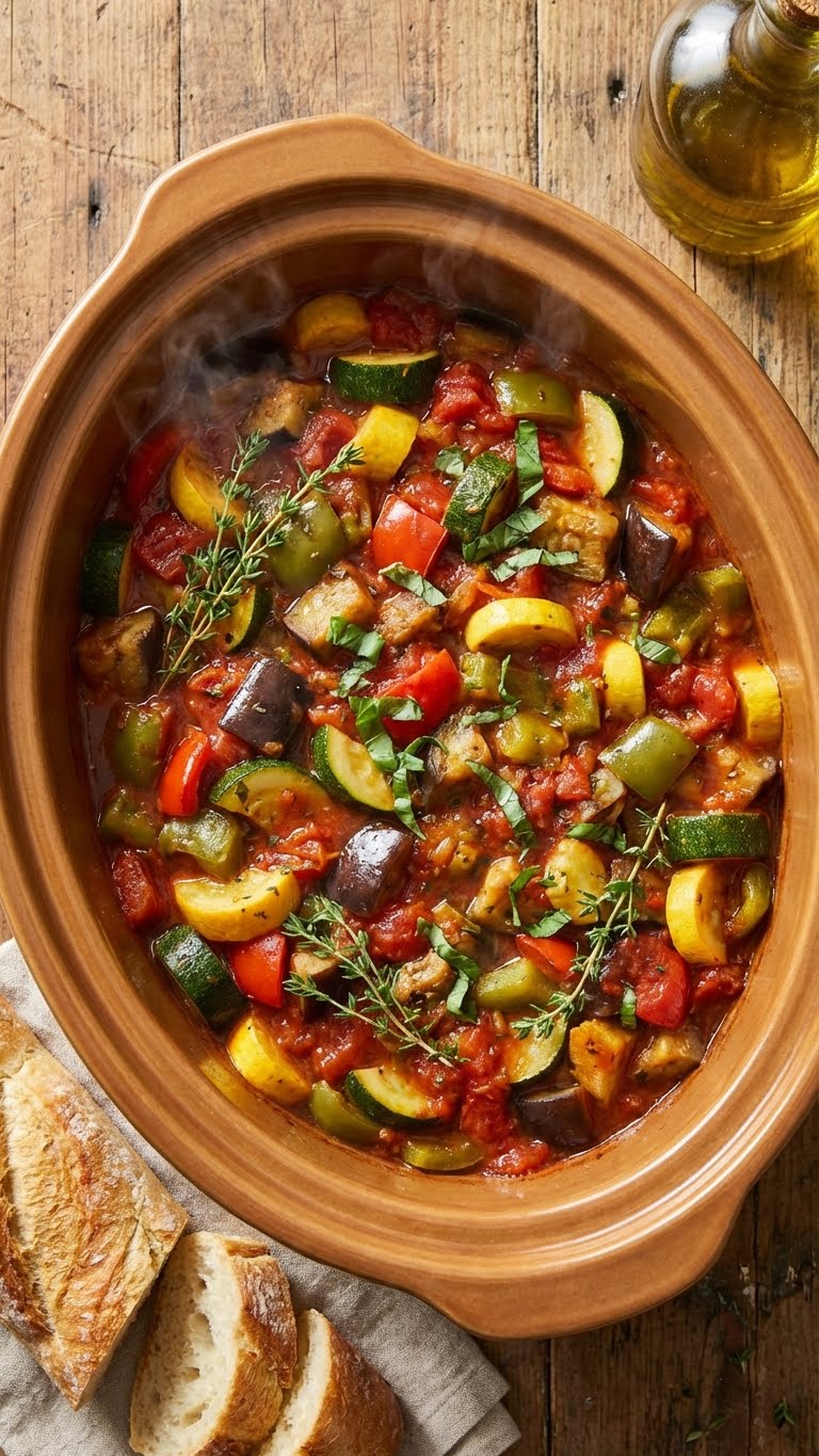 A top-down view inside a slow cooker filled with traditional vegetable ratatouille featuring eggplant, zucchini, and peppers in tomato sauce.