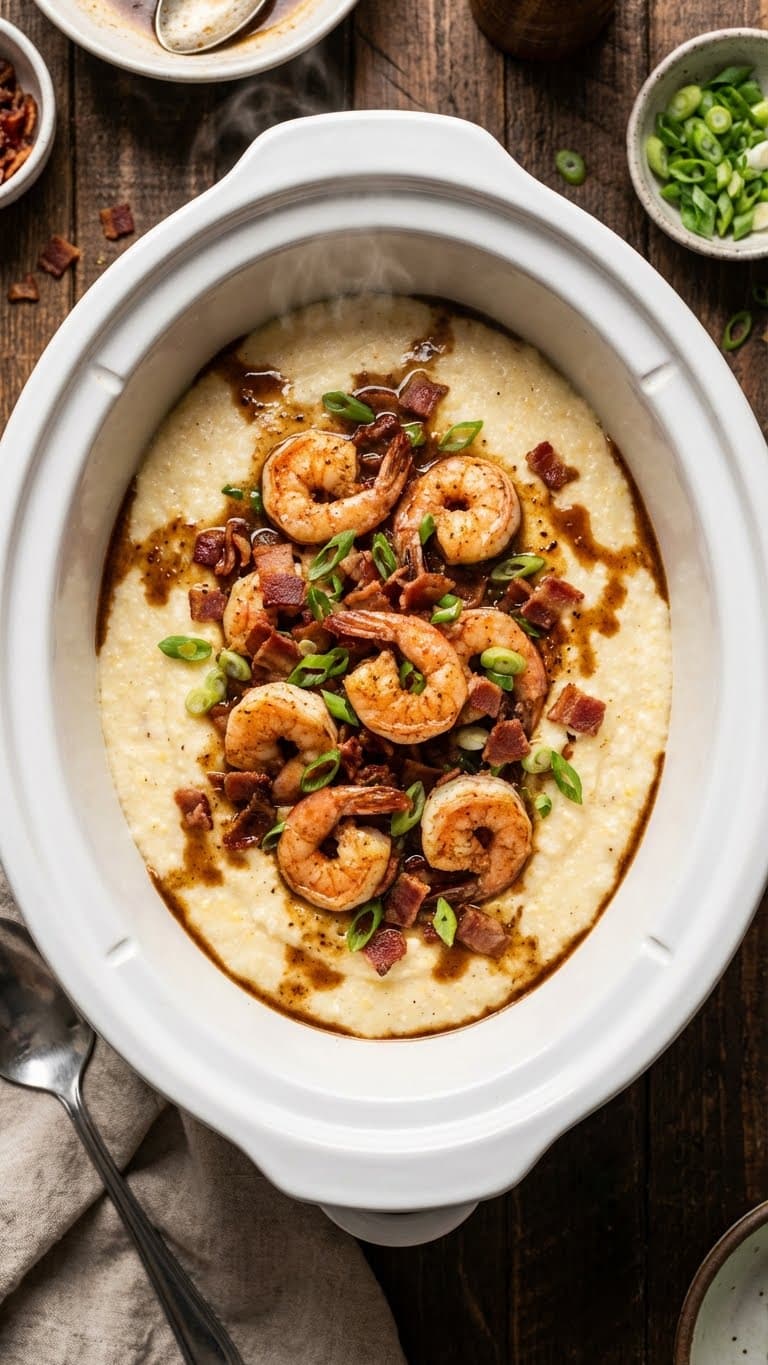 A top-down view inside a slow cooker filled with creamy cheese grits, topped with Cajun shrimp, bacon, and green onions.