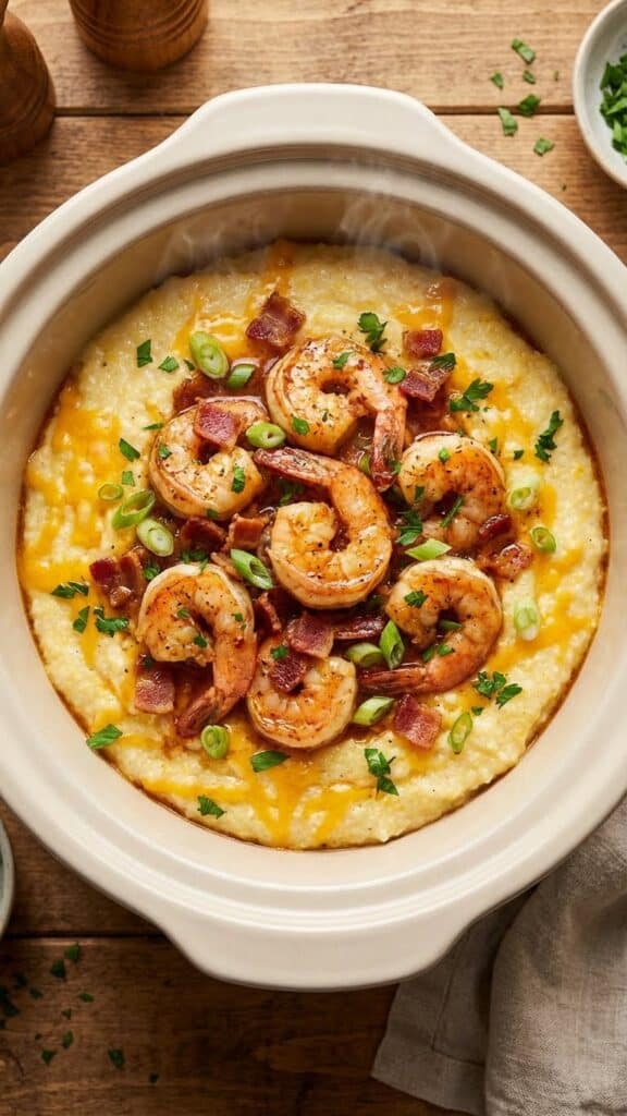 A close-up of a spoon lifting creamy shrimp and grits from a bowl, showing a cheesy texture and savory sauce.