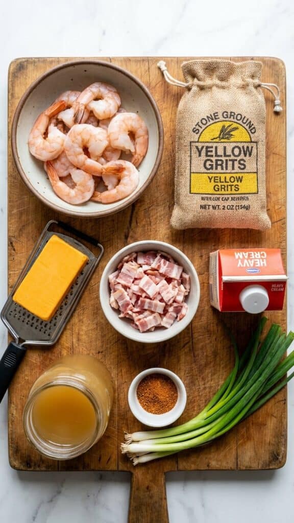 A flat lay showing raw shrimp, stone-ground grits, cheddar cheese, bacon, cream, broth, and spices on a wooden board.